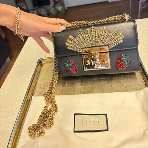 Gucci Black Embellished Leather Strawberry Small Padlock Shoulder Bag